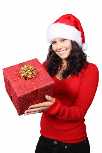 Woman in Red Long Sleeve Holding Red Gift Box