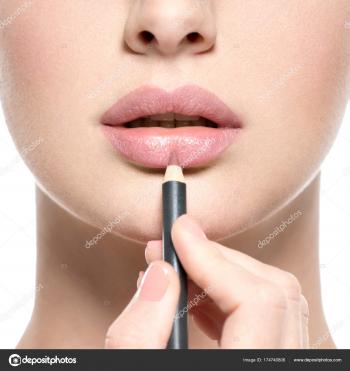 Girl Applying Lipstick Cosmetic Pencil Lips Isolated White — Stock ...