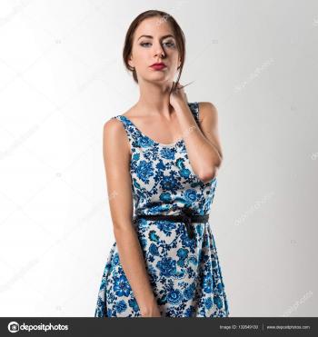 Beautiful model woman posing in studio with a blue dress — Stock ...