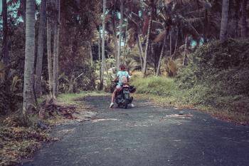Woman Riding Motor Scooter Near Coconut Trees