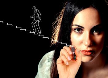 Woman sketching a businessman climbing stairs
