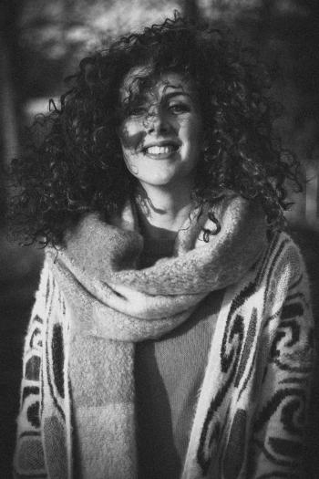 Woman Wearing Open Cardigan and Scarf Grayscale