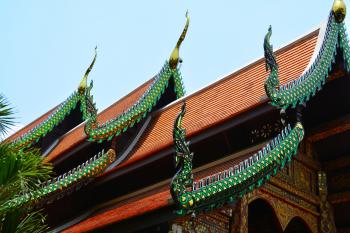 Worms Eye View of Green and Orange Temple