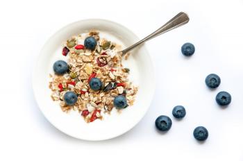 Yogurt with granola and blueberries