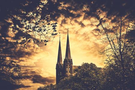 2 Spire Building and Trees Painting