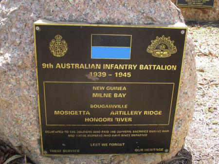 9th AUSTRALIAN INFANTRY BATTALION plaque at Rocky Creek Memorial.