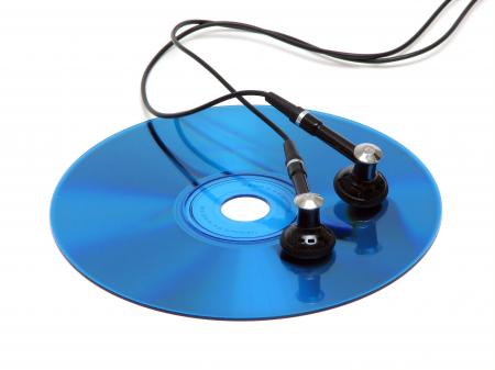 A blue cd with headphones