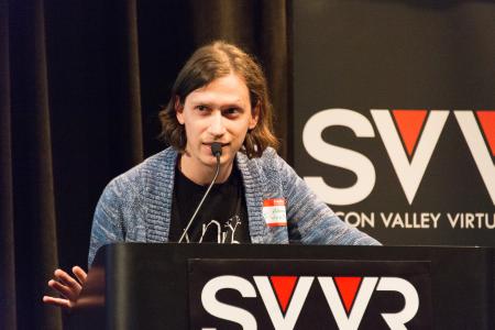 Aaron Lemke of Unello Design giving 60 Second Pitch at SVVR (right hand spread)