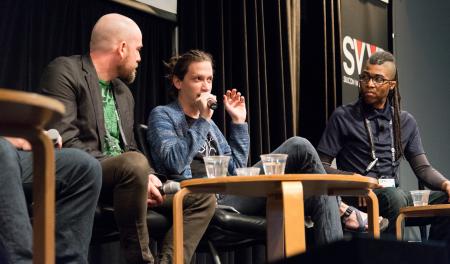 Aaron Lemke (Unello Design) answering question from William Provancher (Tactical Haptics) at indie dev panel at SVVR (gesturing with left hand, Denny Unger of Cloudhead Games at left, Cymatic Bruce at right)