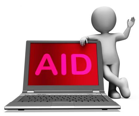 Aid And Character Laptop Shows Assisting Aiding Helping Or Relief