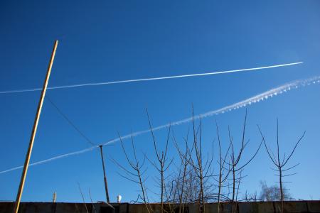 Airplane flying through the sky