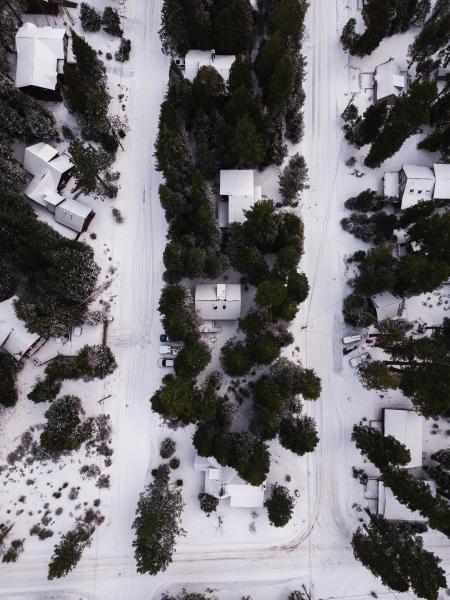 Areal Photography of Snow Covered Houses Surrounded by Green Trees
