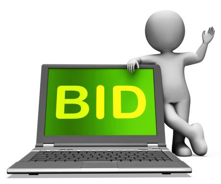 Bid Laptop And Character Shows Bidder Bidding Or Auctions Online