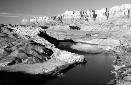 Black and White Photo of Mountains and River