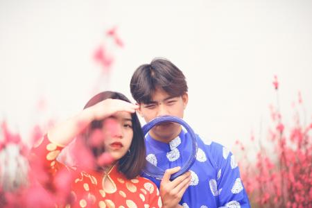 Blue and Red Long-sleeved Tops With White Polka Dots