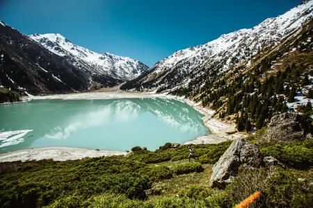 Blue Lake Surrounded by White Snowcapped Mountain