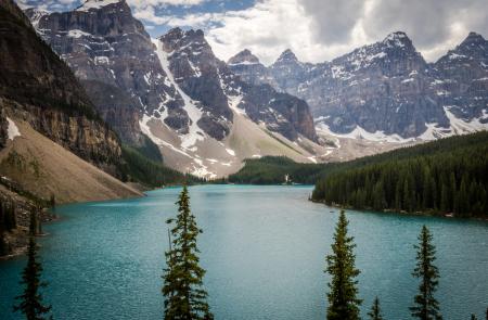 Body of Water Between Trees and Mountain at Daytime