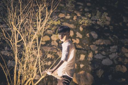 Boy In White Collared Shirt Standing Infront Of Tree