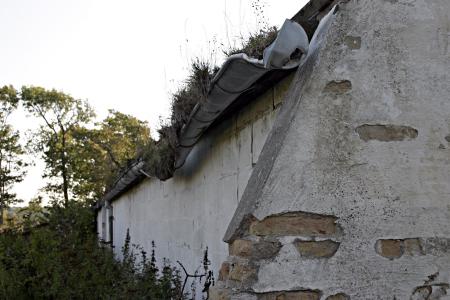 Brick wall and a busted gutter