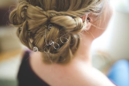 Bride's hair, styled with a hair ornament