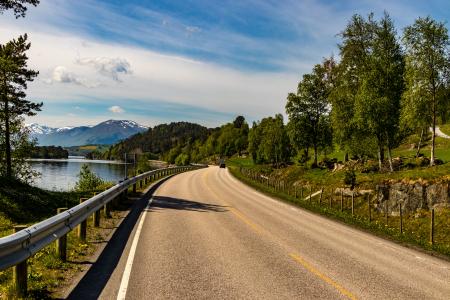 Brown Asphalt Road Beside Lake