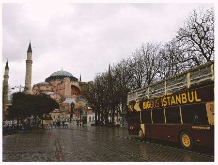 Brown Bigbus Istanbul Traveling on Road Near Brown Dome Building