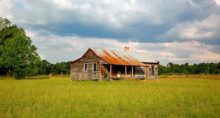 Brown House in the Middle of Green Open Field Surrounded With Trees during Daytime