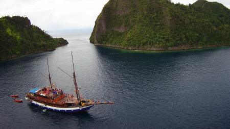 Brown Ship Near Mountain Covered With Green Trees