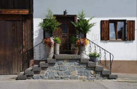 Brown Wooden Door in Front of Bricked Stairs