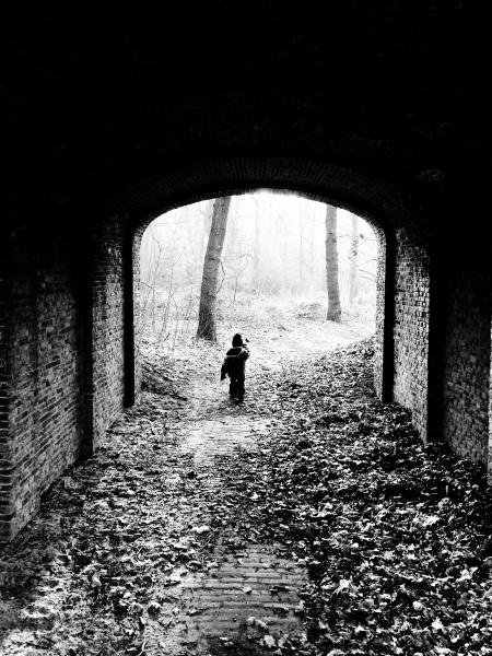 child walking under bridge in forest