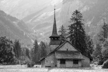 Church in the Open Field Near the Mountain