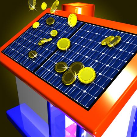 Coins Falling On House Shows Electricity Saving Or Reduced Taxes