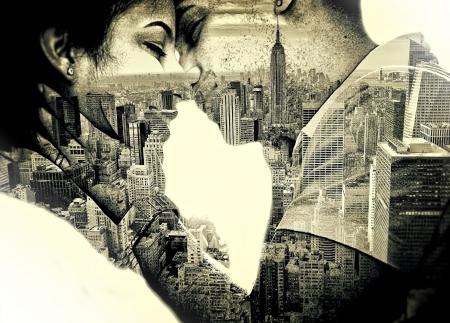 Couple in love Kissing over New York - Double Exposure Effect