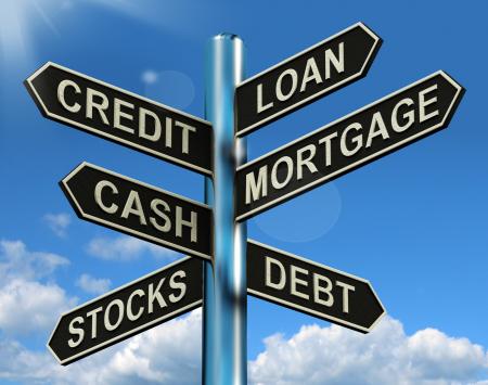 Credit Loan Mortgage Signpost Showing Borrowing Finance And Debt