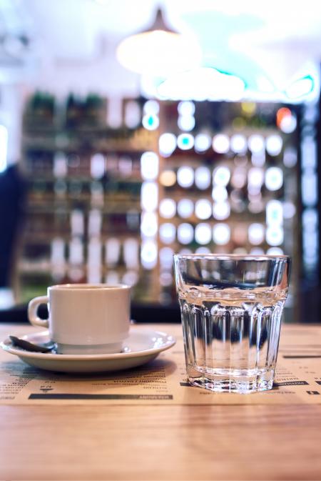 Cup of coffee and glass of water