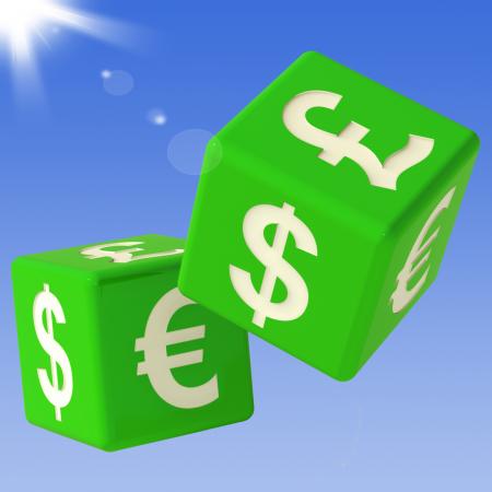 Currencies Dice Flying Showing Money Exchange