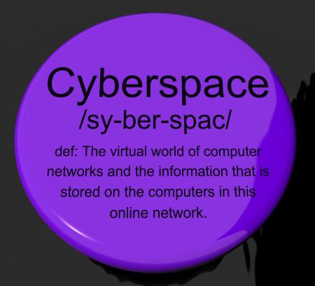 Cyberspace Definition Button Showing Virtual World Of Online Networks