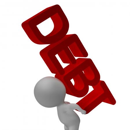 Debt Word And 3d Character Shows Bankruptcy And Poverty