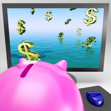 Dollar Symbols Drowning On Monitor Showing Financial Disaster