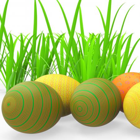 Easter Eggs Shows Green Grass And Grassland