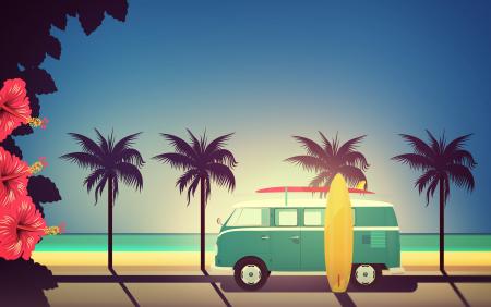 End of Summer - Illustration with Surfers Van with Copyspace