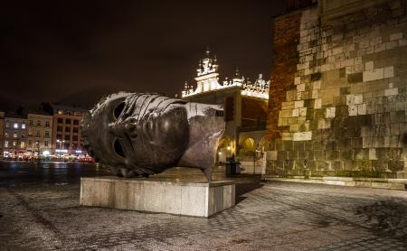 Eros Bendato Head sculpture on Market Square, Krakow, Poland