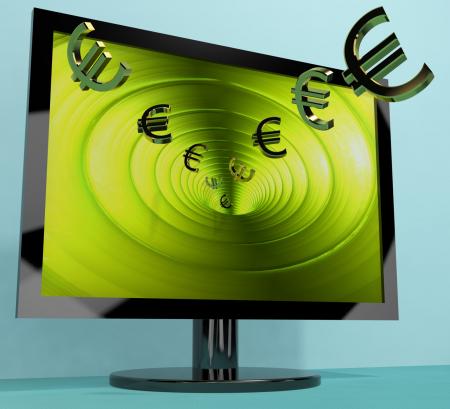 Euro Symbols From Computer Screen Showing Money Investments And Winnin