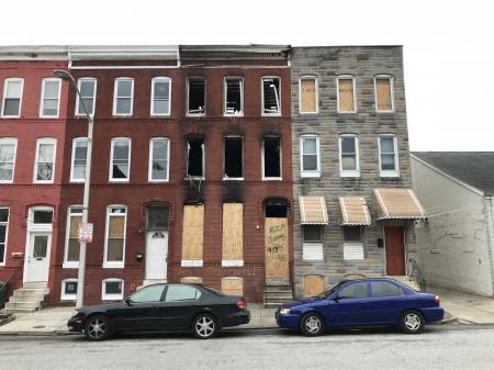 Fire-damaged vacant rowhouse, 417 E. 21st Street, Baltimore, MD 21218