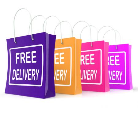 Free Delivery Shopping Bags Showing No Charge Or Gratis To Deliver