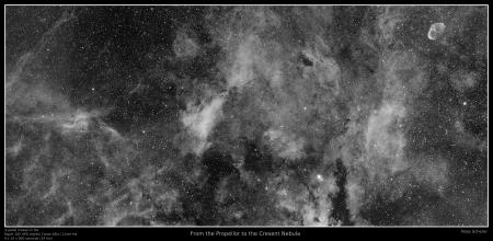 From the Propellor to the Cresent Nebula, 4 panel mosaic in H-alpha. DSLR image