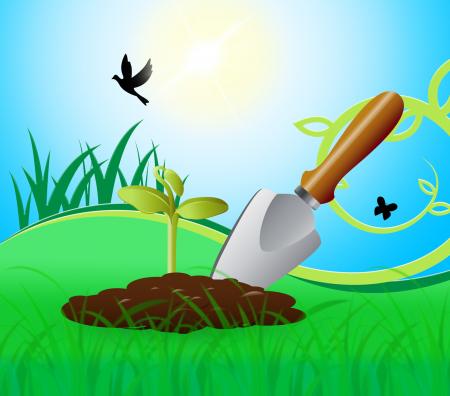 Gardening Trowel Represents Growing Flowers 3d Illustration