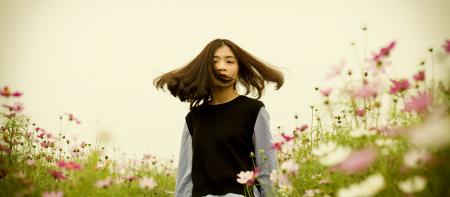 Girl on White and Pink Cosmos Flower Field Photography