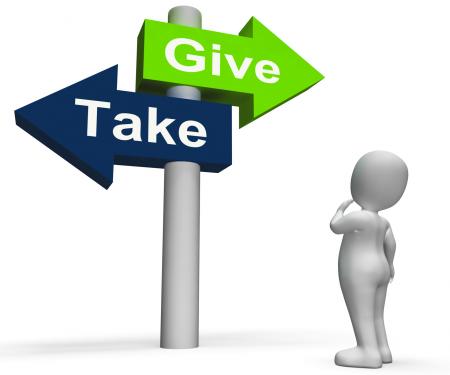 Give Take Signpost Shows Giving and Taking