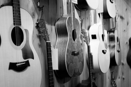 Gray Scale Photo of Acoustic Guitars